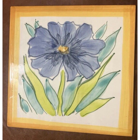 Italian Hand  Painted tile/trivet Made in Italy Vitage Blue Green Flower glazed - Picture 2 of 16